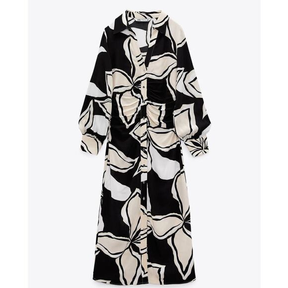 ZARA Floral Print Viscose Midi Shirt Dress New - Picture 5 of 11
